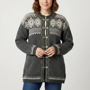 Vintage Women's Wool Nordic Cardigan Sweater Fair Isle Metal Clasps Gray Medium